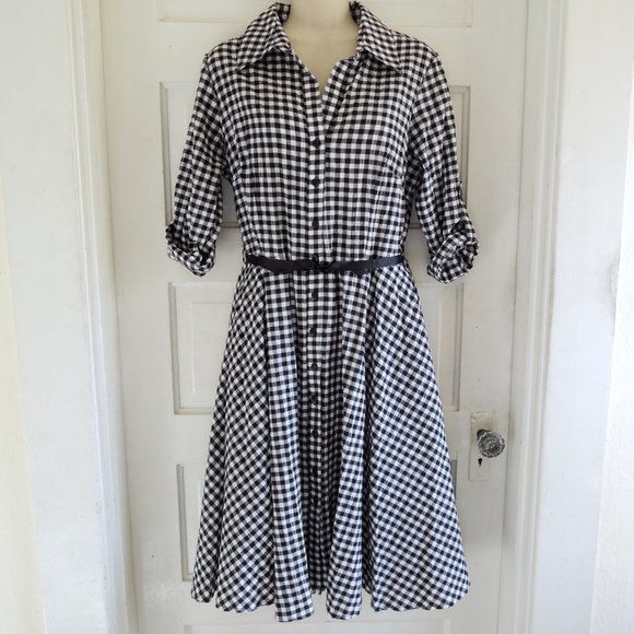 Sharagano Black & White 50s Housewife Gingham Retro Dress 10